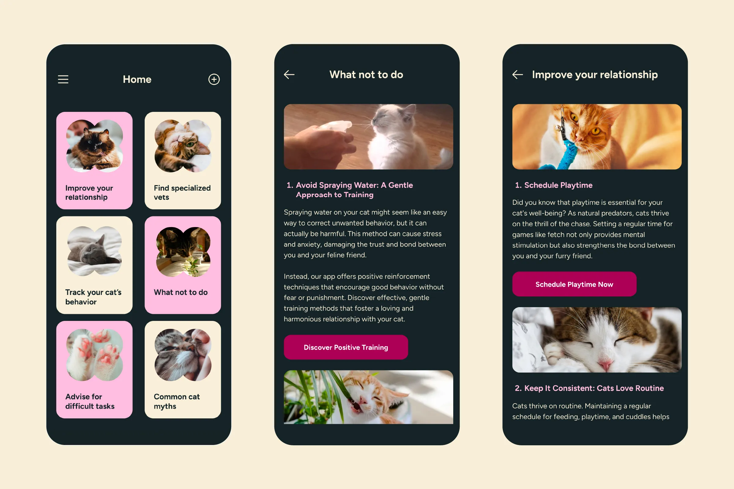 Home screen with care topics, plus the What not to do and Improve your relationship guides