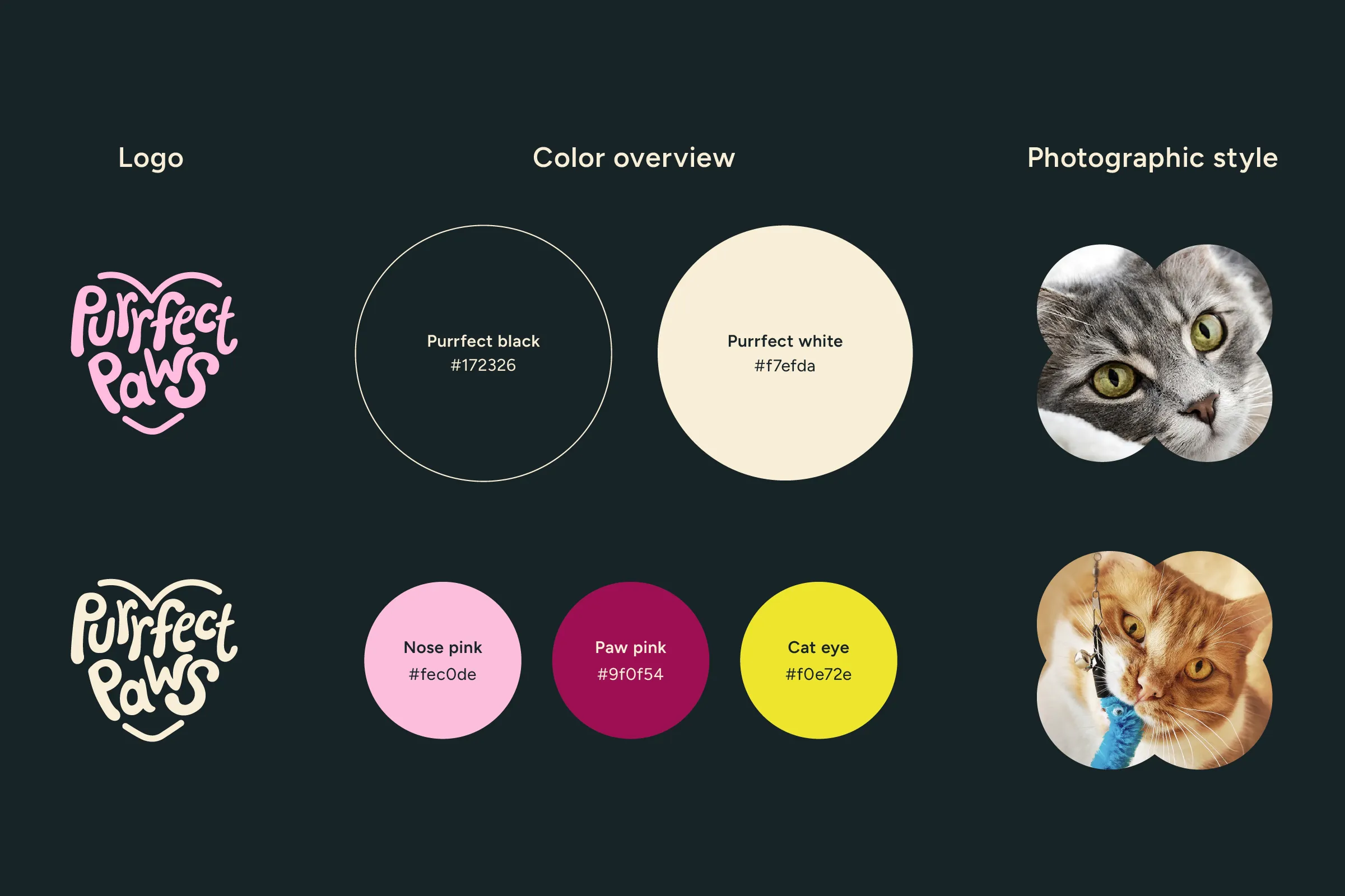 Visual identity: Purrfect Paws heart-shaped logo, color palette with Purrfect black, Purrfect white, Nose pink, Paw pink, and Cat eye, and the clover-shaped photographic style