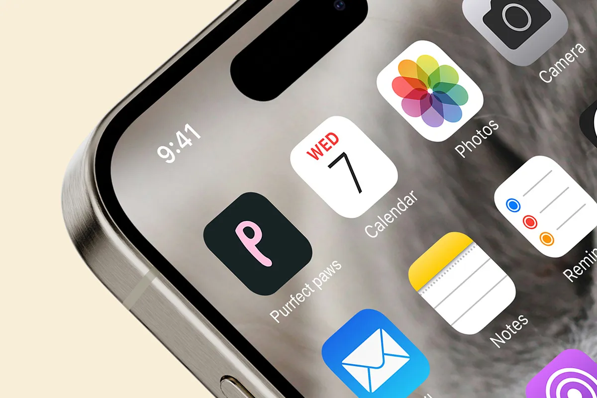 Close-up of an iPhone home screen with the Purrfect Paws app icon