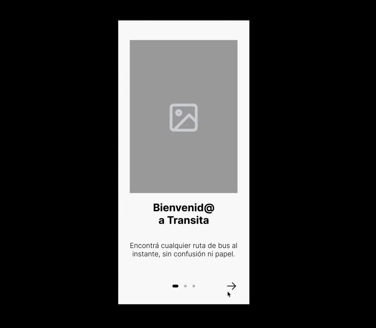 Animated walkthrough of the Transita wireframe prototype, from onboarding to route results