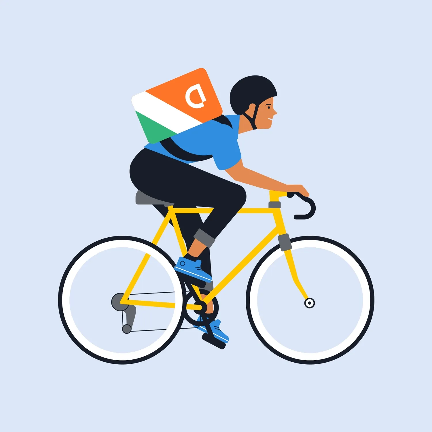 Animated illustration of a food delivery courier riding a bicycle