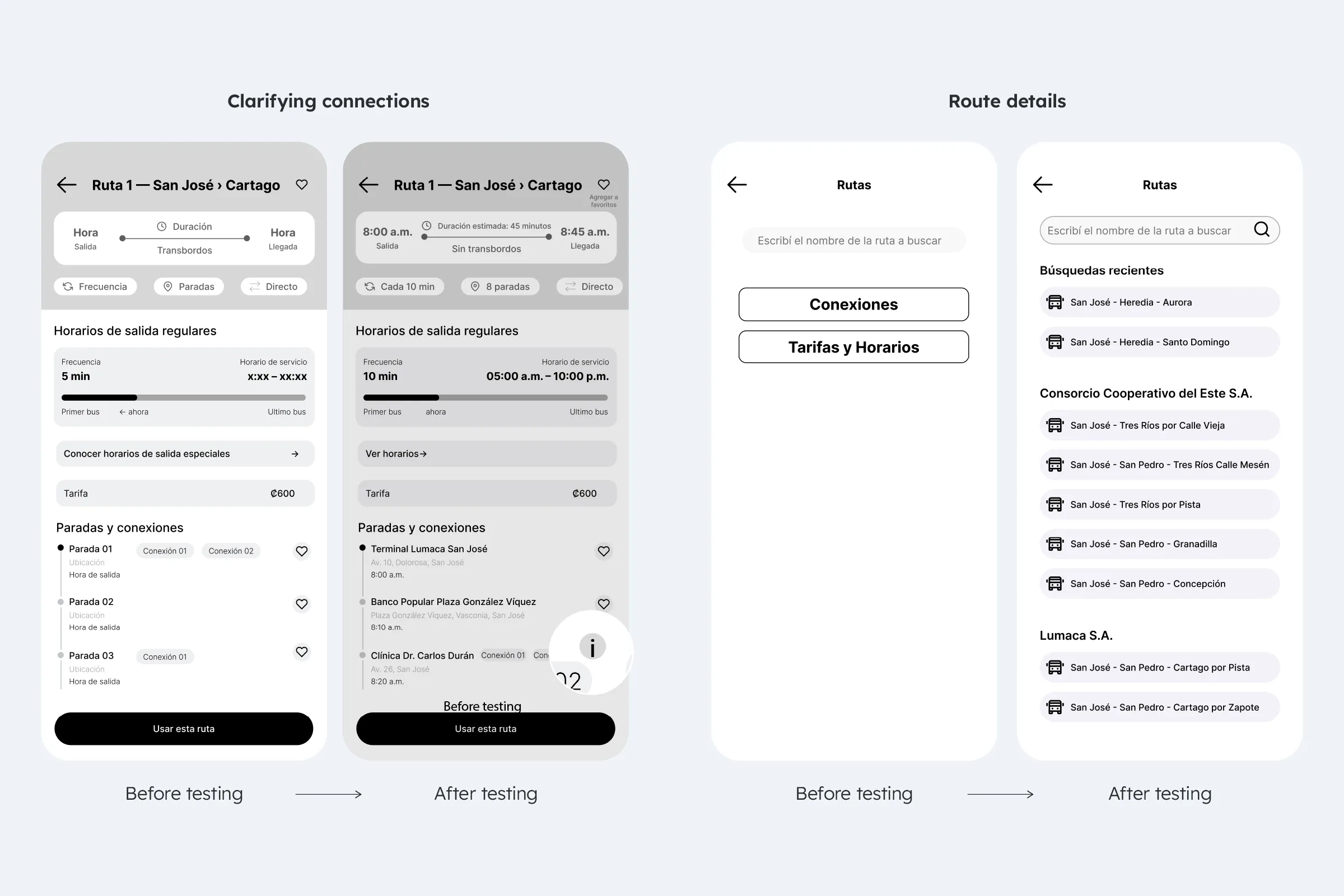 First and second prototypes of the route detail and route search screens, showing the changes after usability testing