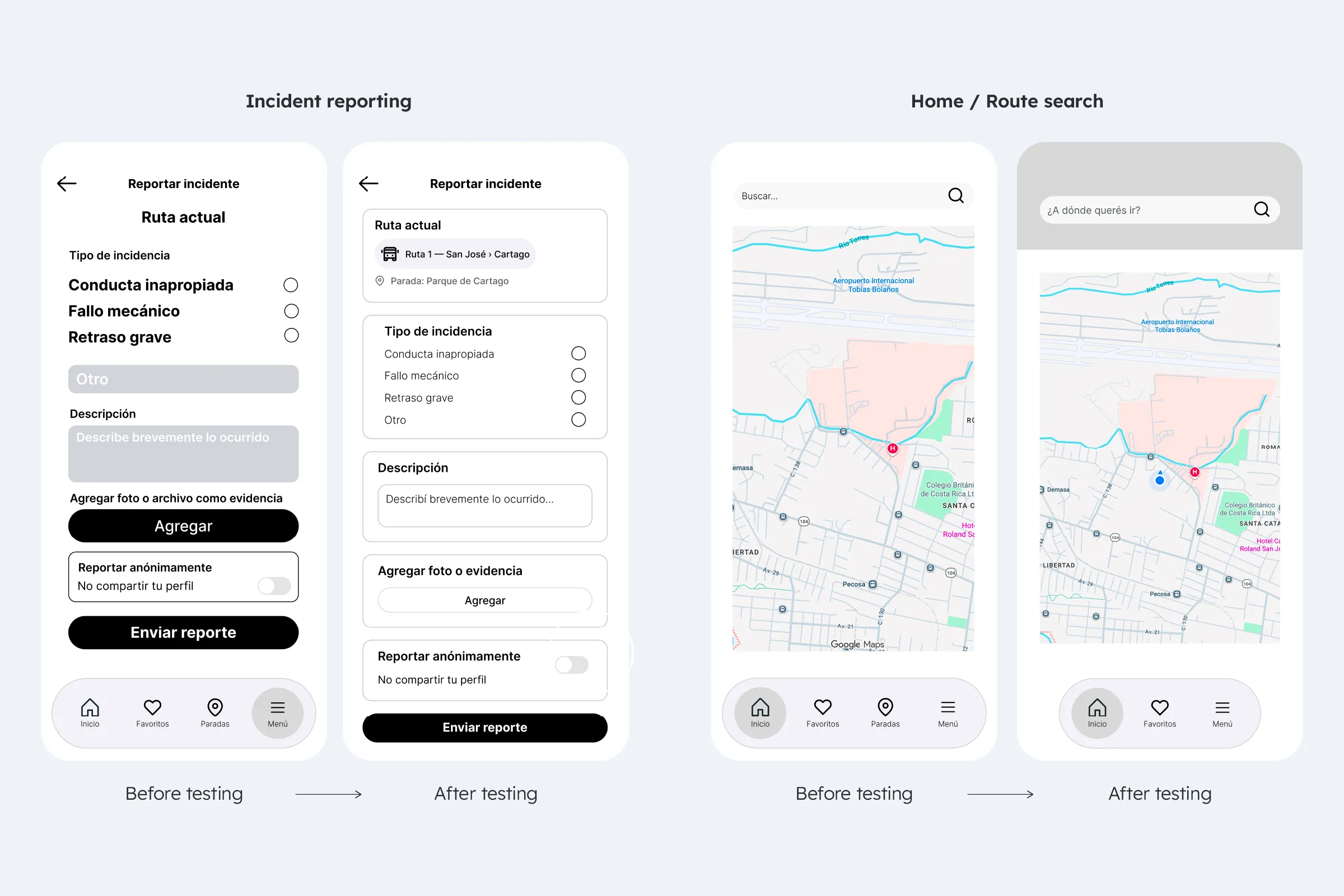 First and second prototypes of the incident report and map home screens, showing the changes after usability testing