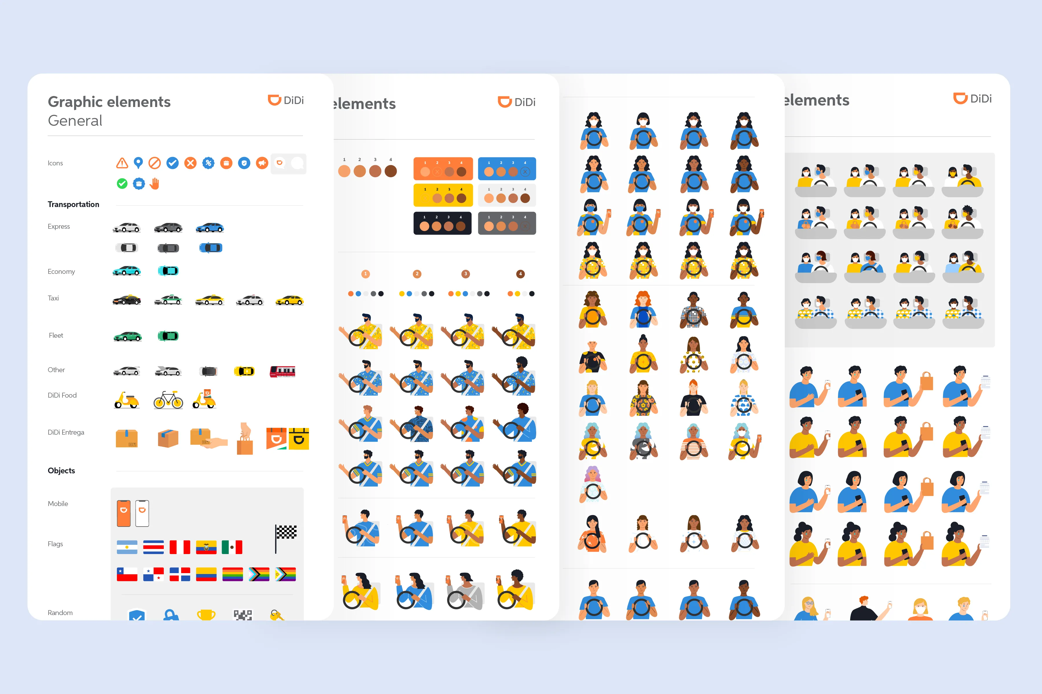 Pages of the illustration library with graphic elements, transportation, objects, flags and character variations