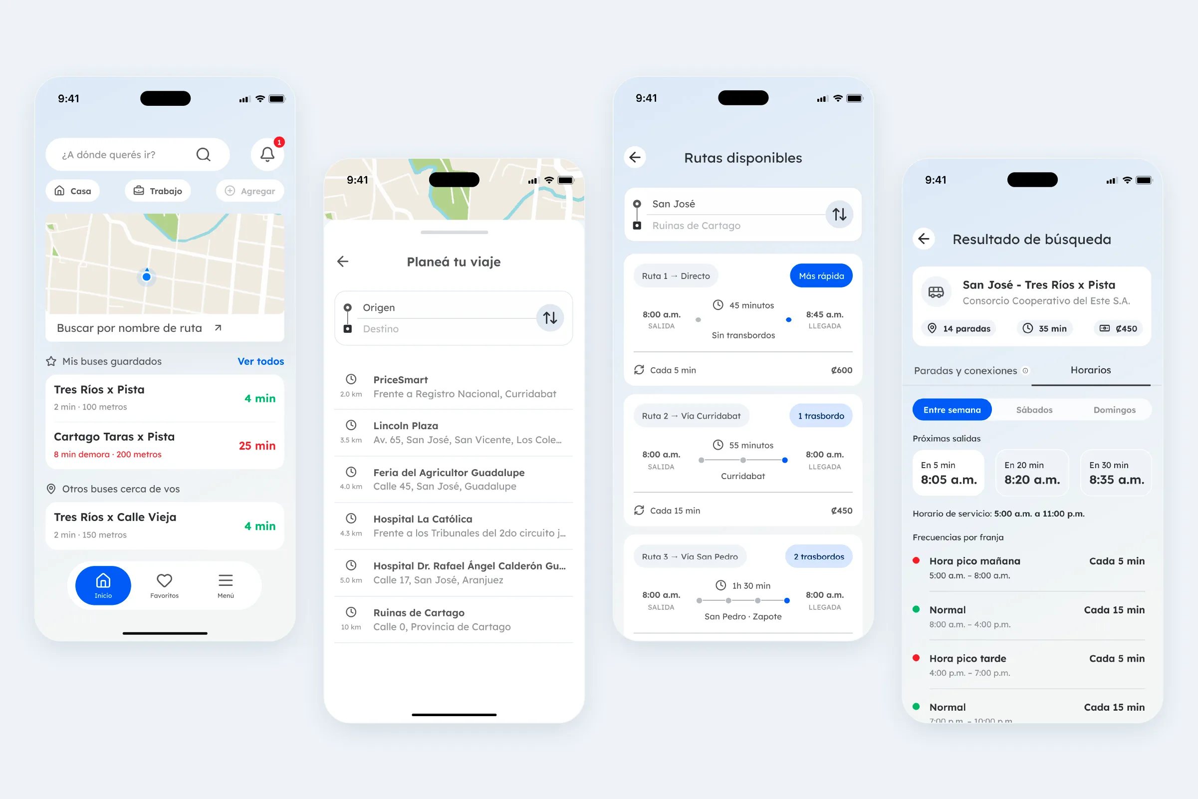 Final Transita UI: home with saved buses, trip planning, available routes, and search results with schedules