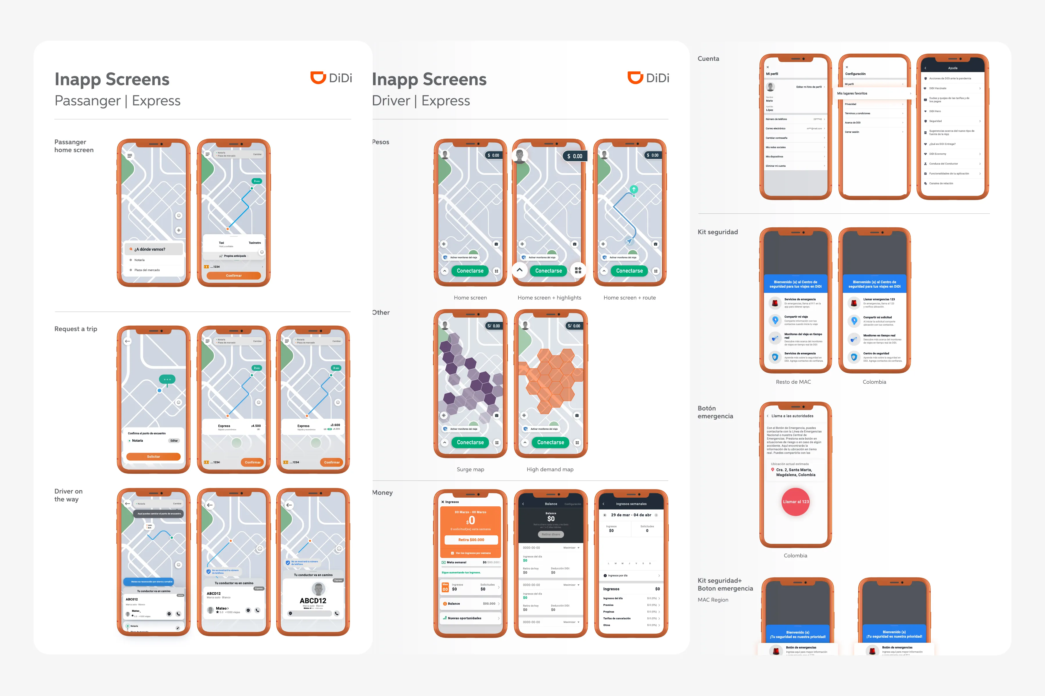 UI gallery of in-app screens for passengers and drivers